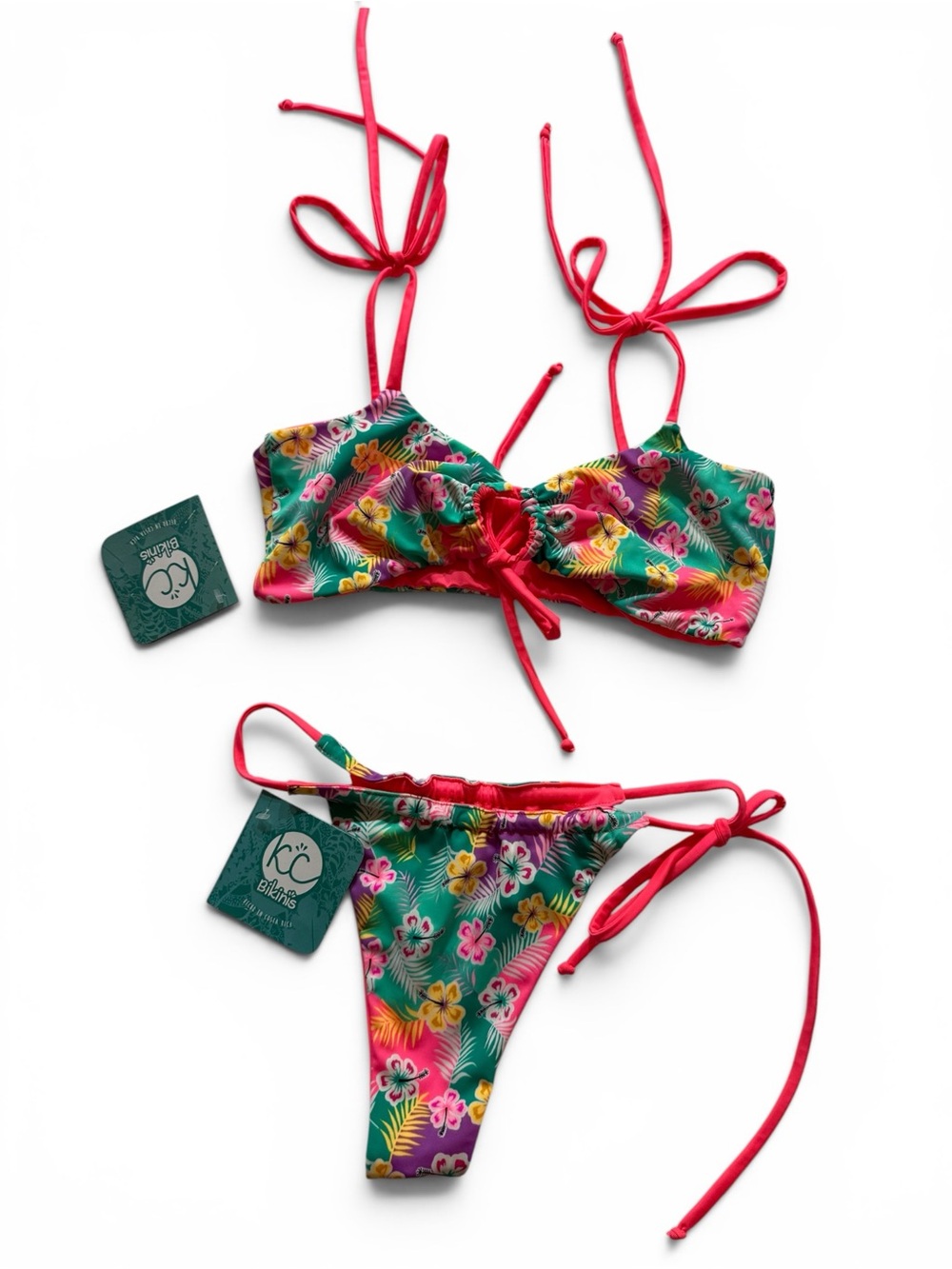 Women's Tropical Floral Tie-String Bikini - Pink & Green